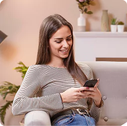 Sideways Woman Sitting Couch Works Her Phone